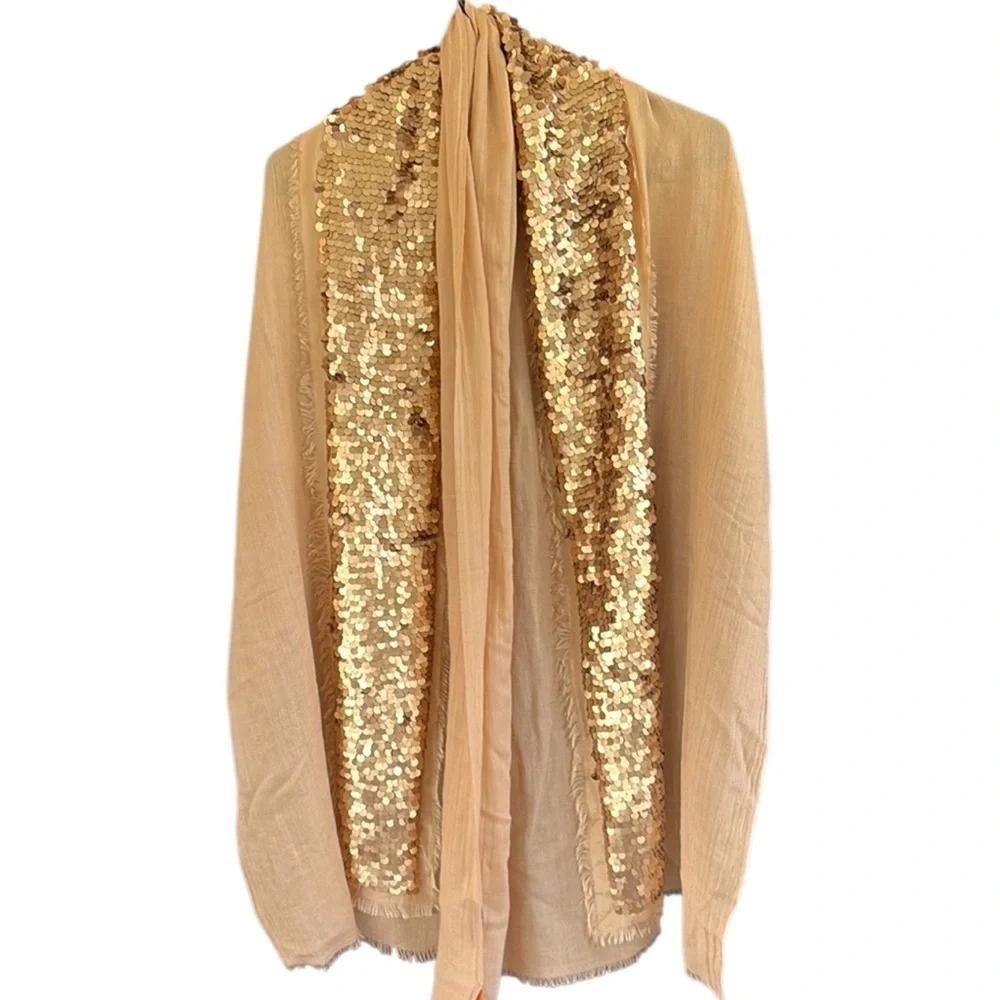 NWT Tory Burch Silk / Wool Sequined Shawl Scarf Gold Tan Retail $275.00